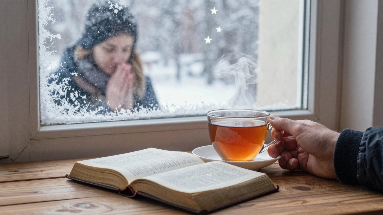 Чашка чая и Библия на столе, за окном — звёзды и отражение молящегося человека.
