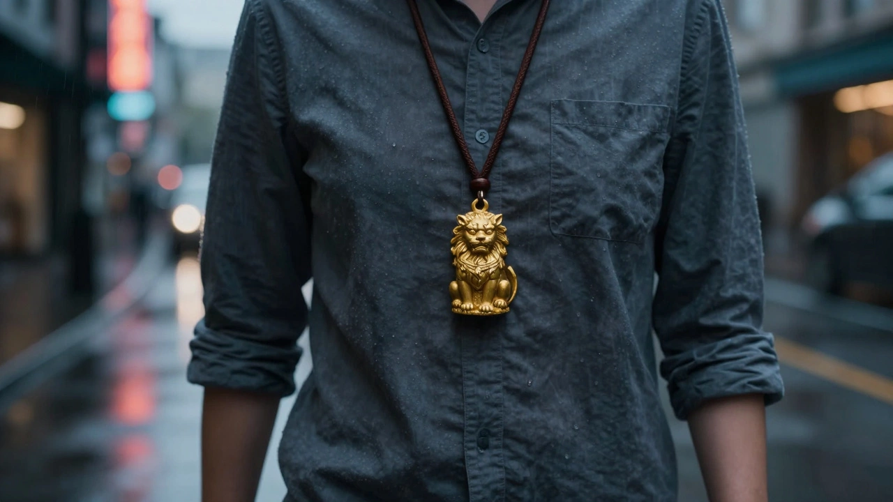 Человек идет под дождем, взгляд устремлен на медальон с львом на шее.