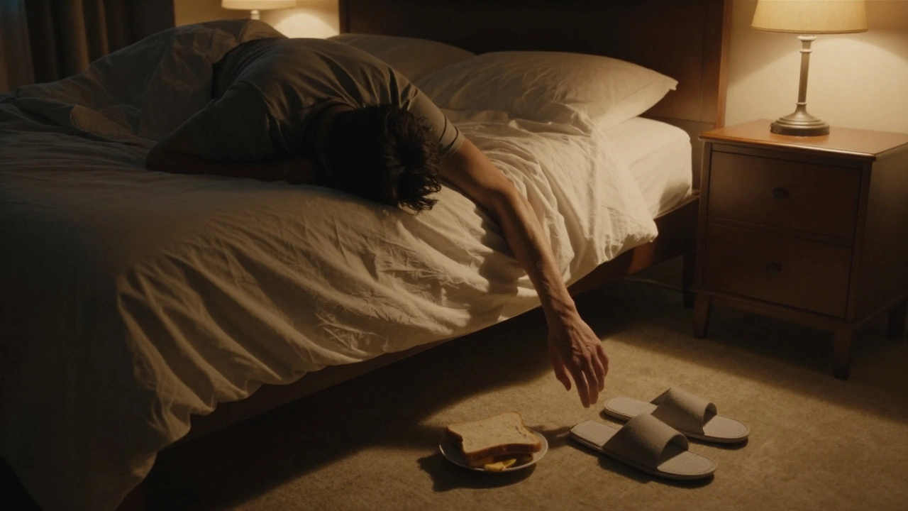 Человек лежит на кровати, тянется к пустому месту, рядом — бутерброд и тапочки, тёплый свет лампы.