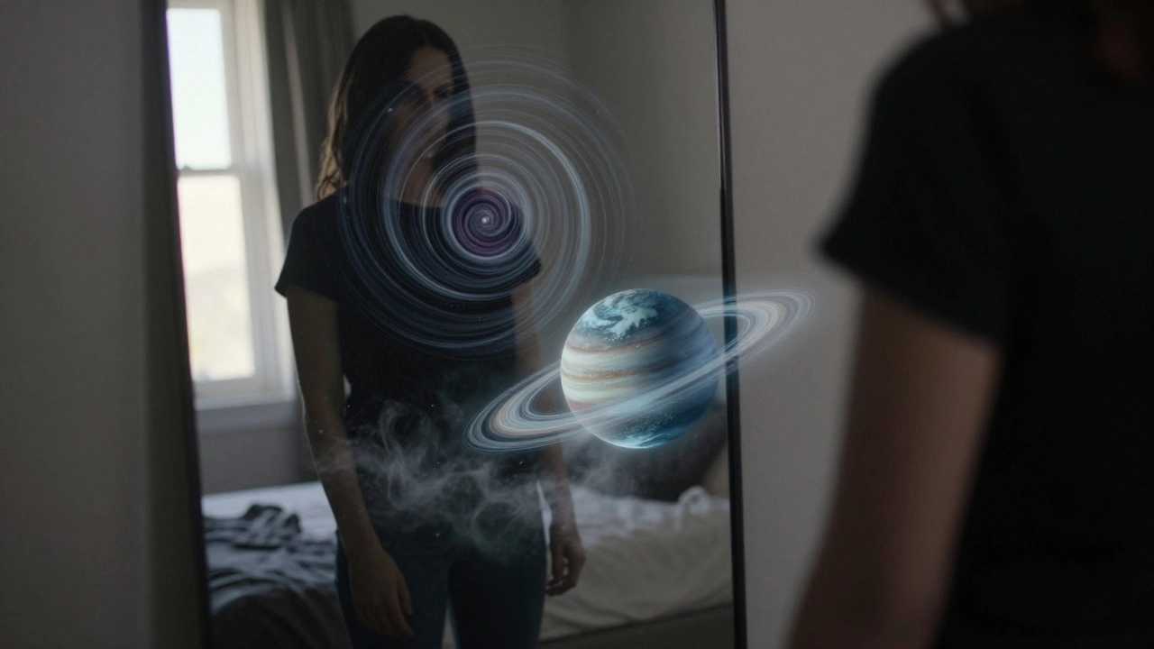 Человек смотрит в зеркало, где отражается не его лицо, а его правящая планета — Плутон, Нептун или Сатурн.