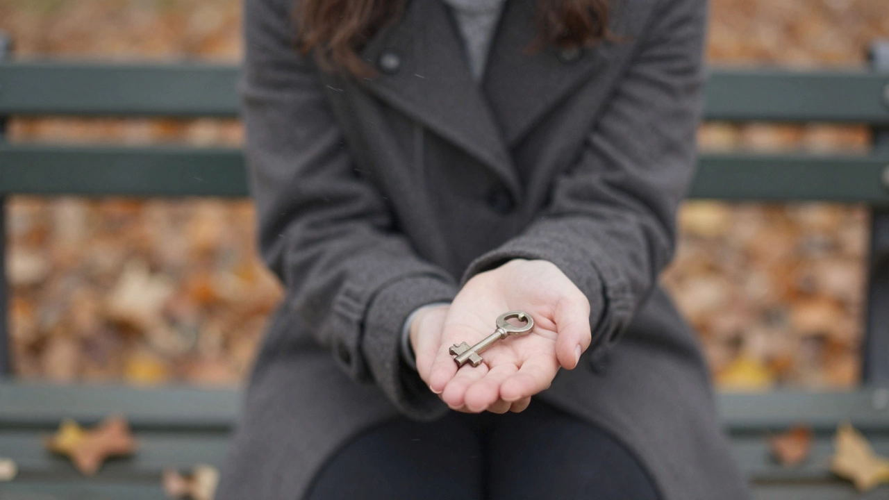 Человек сжимает старый ключ на осенней скамейке, листья кружатся вокруг.