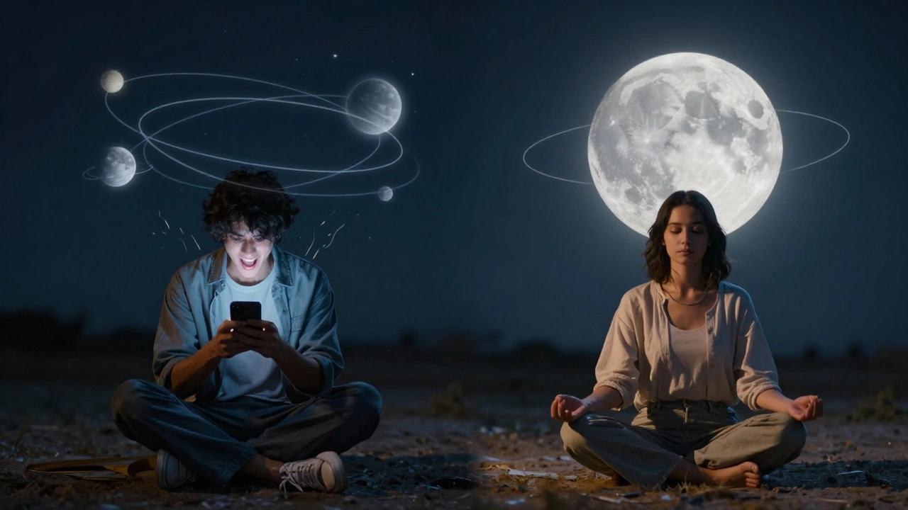 Человек в двух состояниях: суетливый и спокойный, с планетарными орбитами над головой.