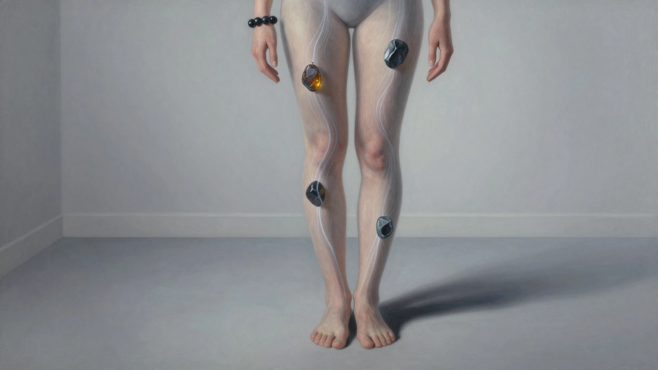 Человек в спокойной комнате с гематитовым браслетом и янтарным кулоном, энергия течет в камни.