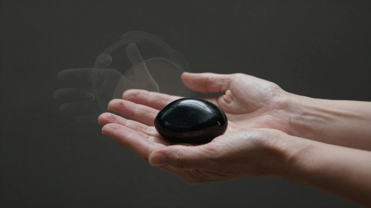 Чёрный обсидиан на ладони, вокруг — едва видимые силуэты предков.