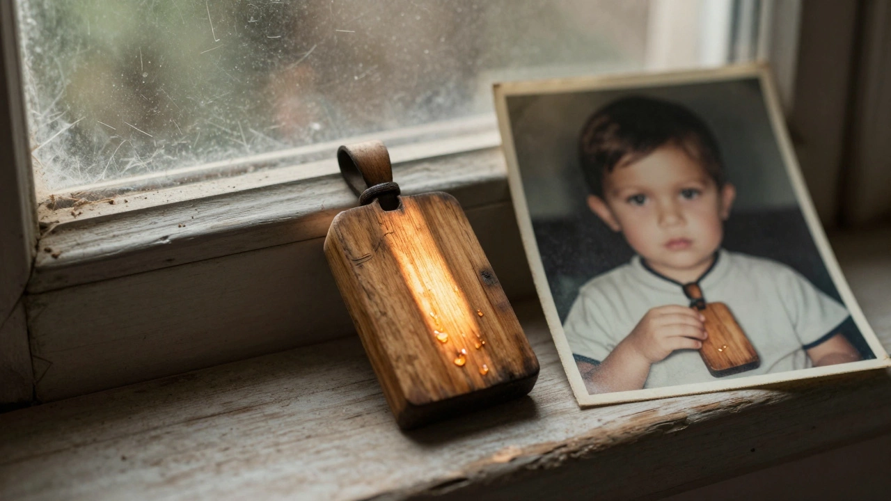 Деревянный оберег на подоконнике рядом с старой фотографией.