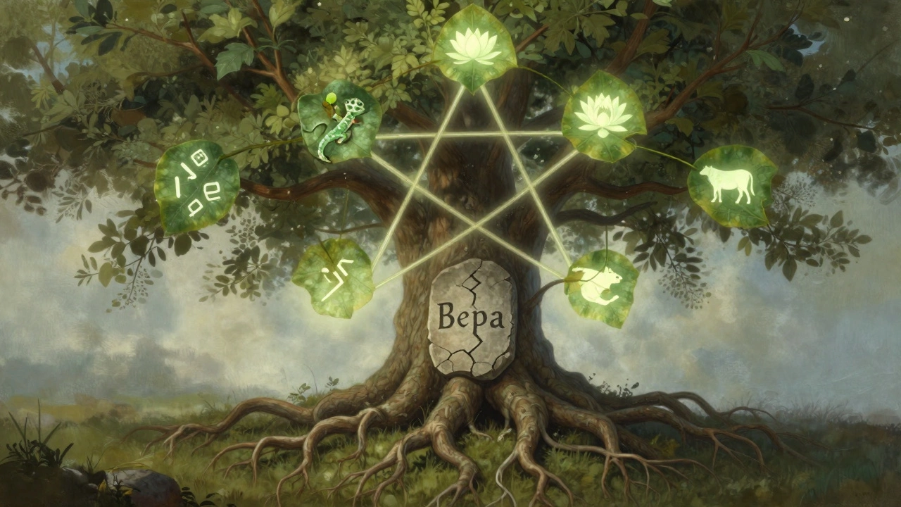 Дерево жизни с ветвями, образующими пентаграмму, и символами оберегов на листьях.