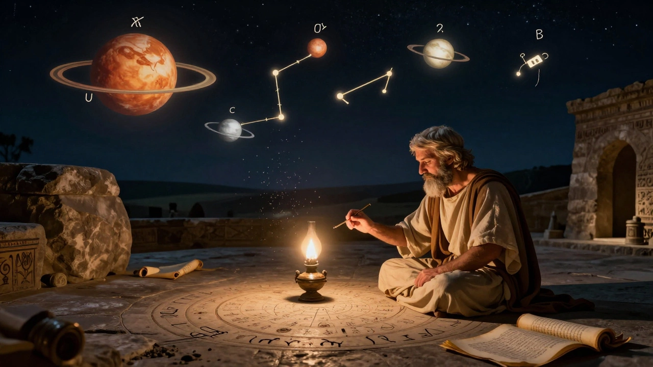 Древний астроном в обсерватории изучает зодиакальные карты под светом лампы, над ним — светящиеся планеты.