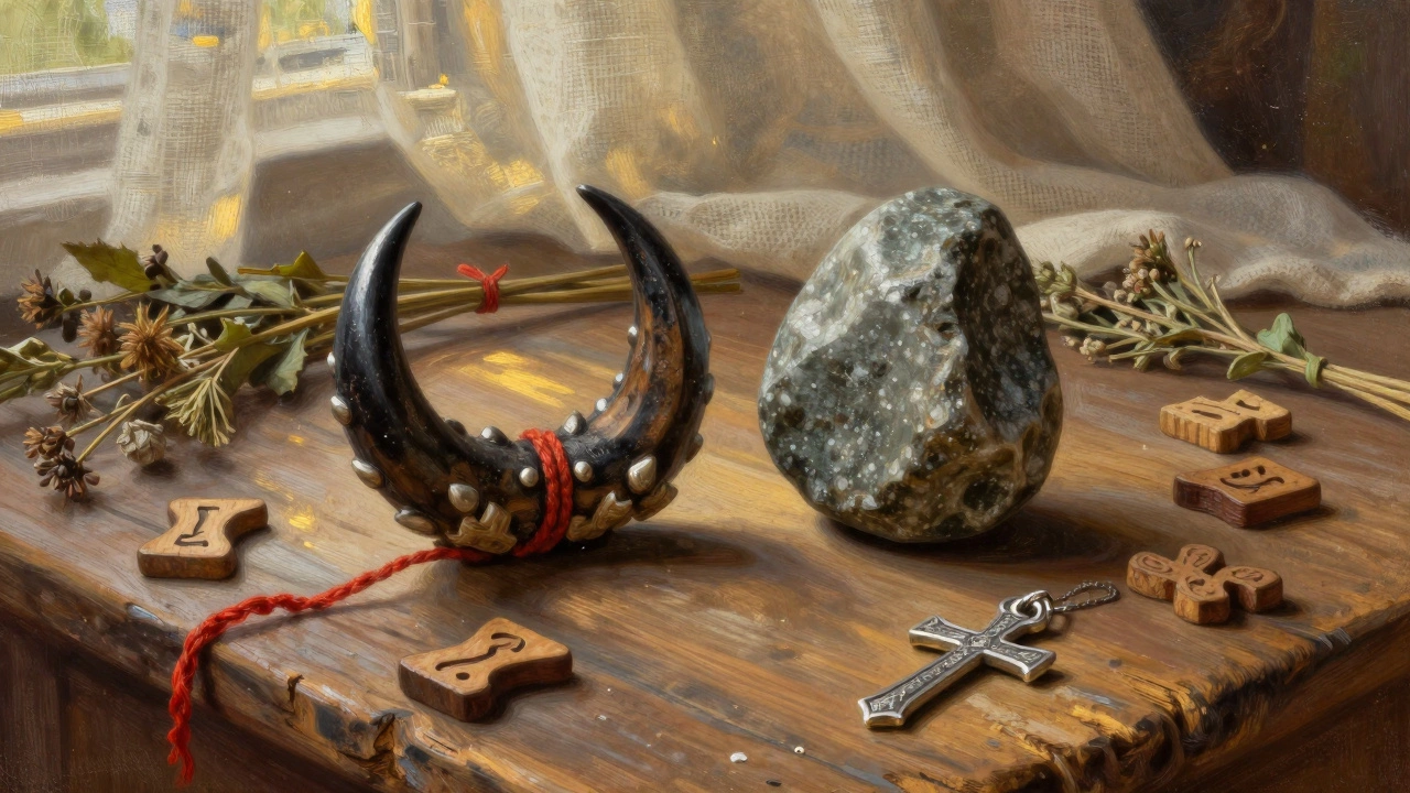 Два славянских оберега — медвежий коготь и громовик — рядом с серебряным крестом на деревянном столе.