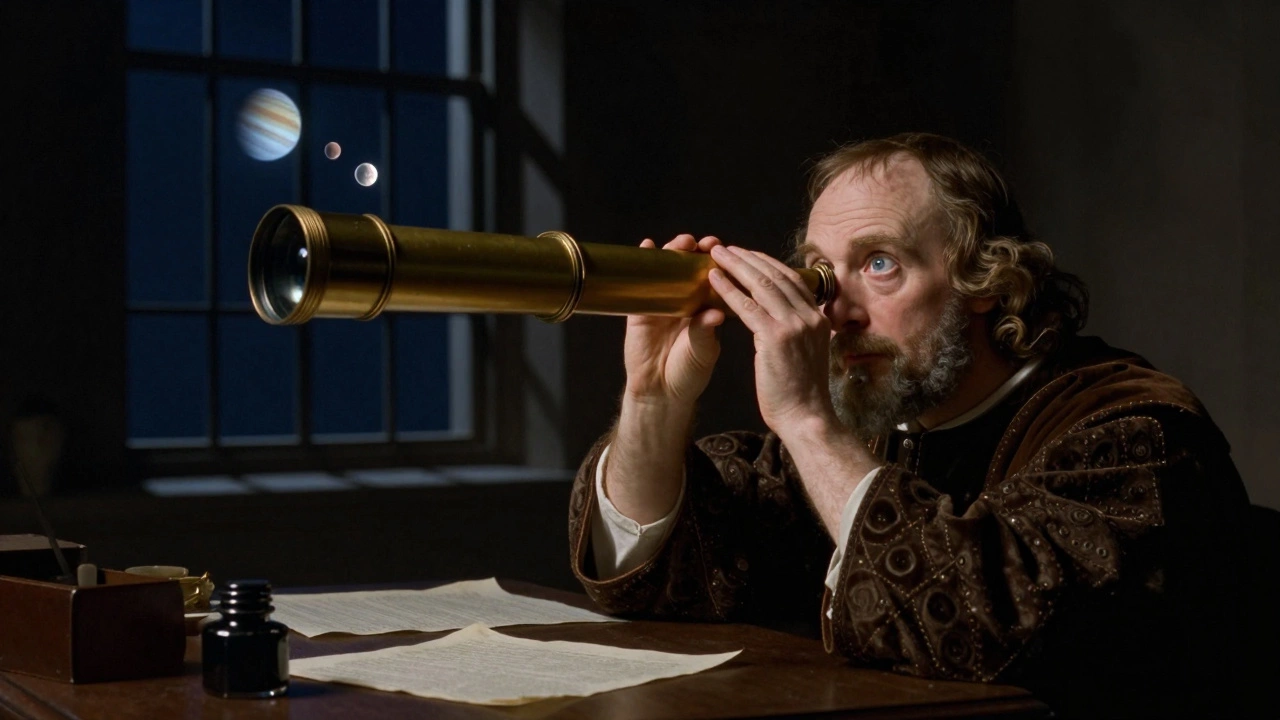 Галилео смотрит через телескоп на Юпитер с четырьмя спутниками, в комнате — разбросанные бумаги и тусклый свет.