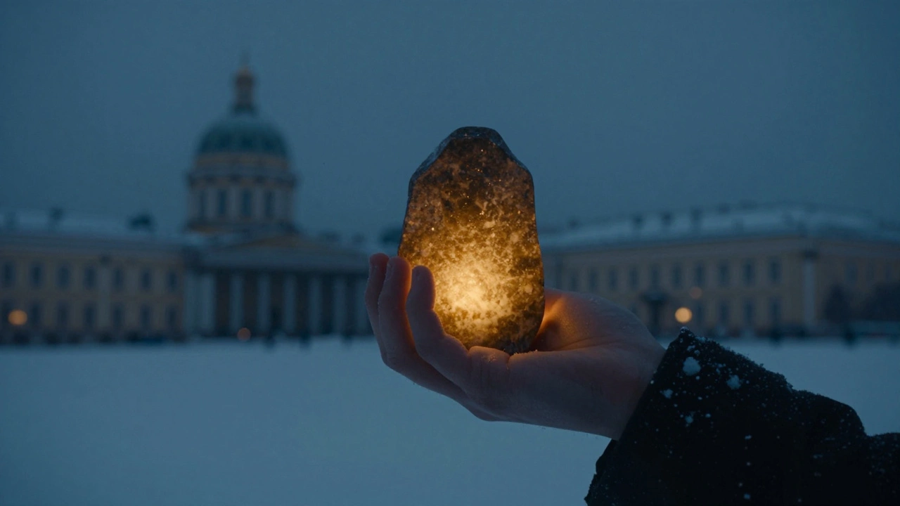 Каменный талисман светится тёплым светом на фоне зимнего неба.