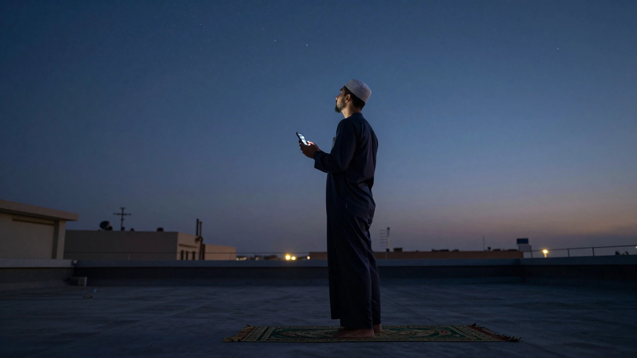 Мусульманин смотрит на звезды, закрывая приложение с гороскопом, рядом — молитвенный коврик.