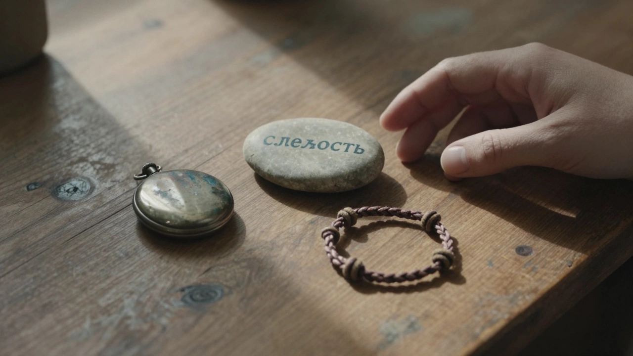 На деревянном столе лежат семейный кулон, раскрашенный камень и браслет из ниток.
