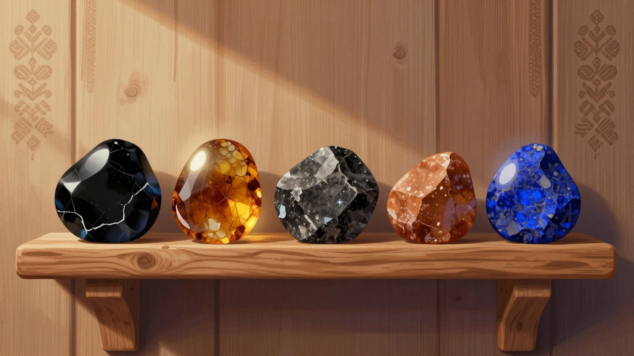Пять природных камней на деревянной полке: обсидиан, янтарь, гематит, сердолик, лазурит, мягкий свет.