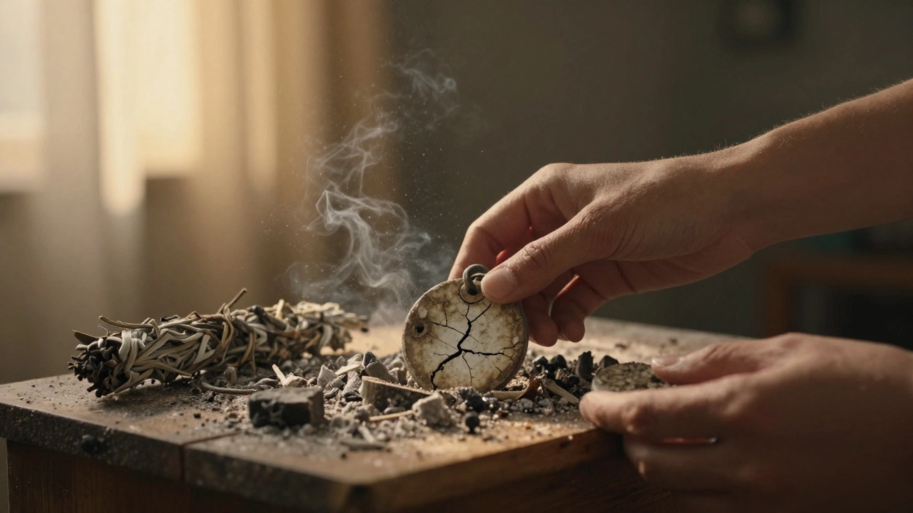 Потрёпанный амулет кладут на алтарь с пеплом и дымом полыни, рядом — новый, неактивированный.