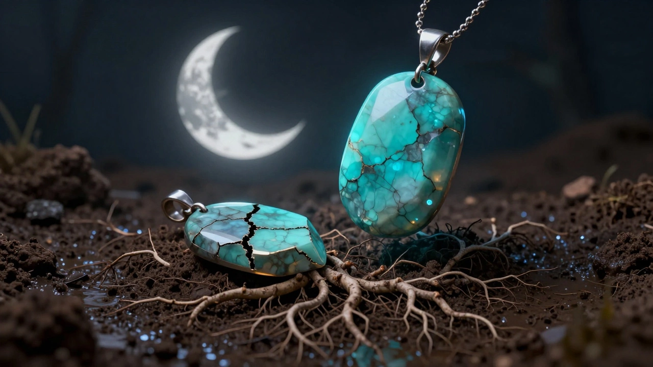 Разбитый обсидиановый кулон в земле, рядом светится новый бирюзовый.