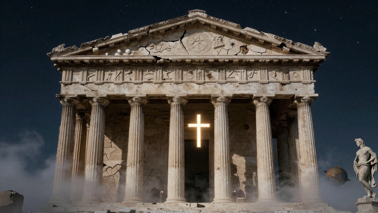 Руины римского храма с зодиаком, из трещин пробиваются кресты.