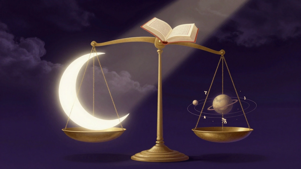 Весы с Кораном и луной против зодиакальных символов, божественный свет освещает истину.