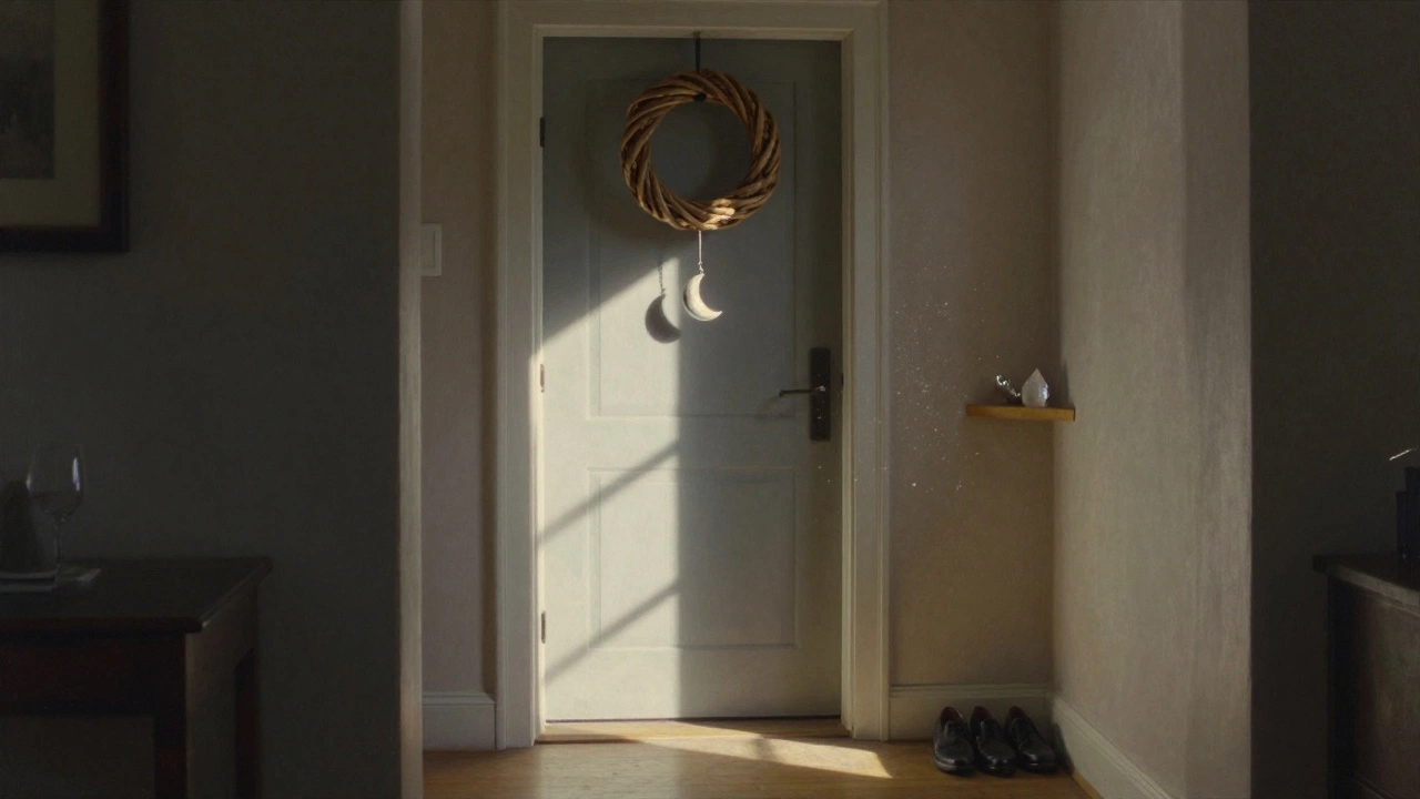 Вход в дом с южной дверью, где серебряный кулон смягчает солнечный свет, а дубовый венок украшает раму.