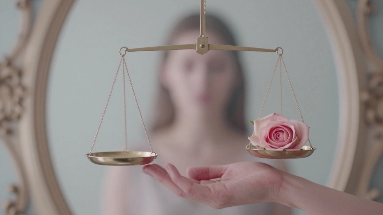 Воздушные весы с розой и руками, отражающие тусклую фигуру в зеркале, мягкие пастельные тона.