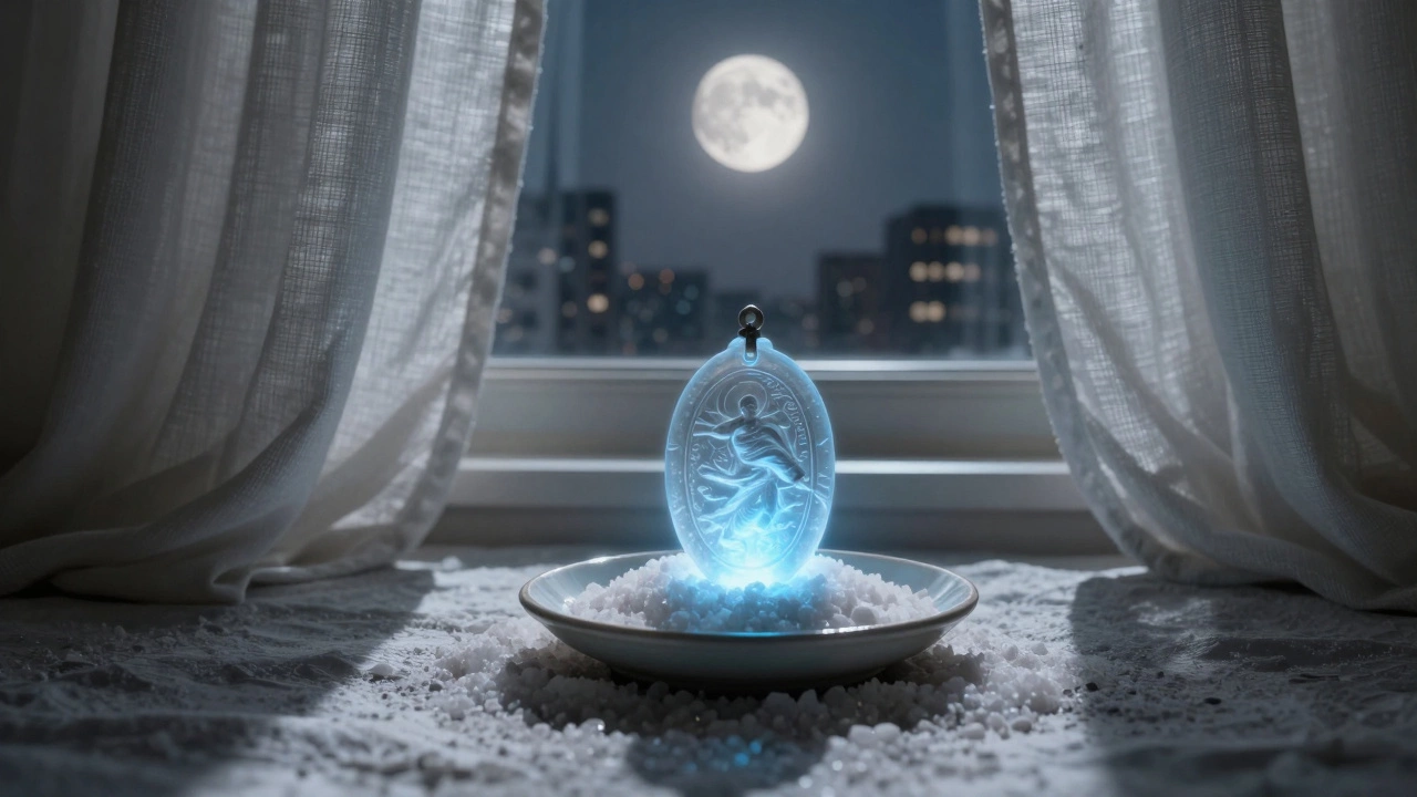 Амулет на морской соли под лунным светом, проникающим через окно.