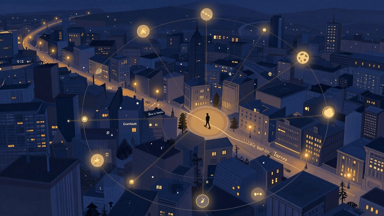 Астрологическая карта как карта города с планетами как фонарями, человек идёт по пути под названием 'Солнце в Тельце'.