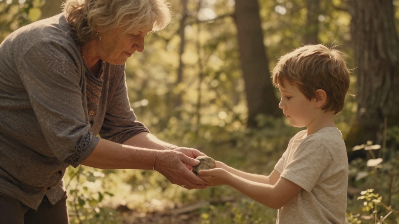 Бабушка даёт камень ребёнку в лесу
