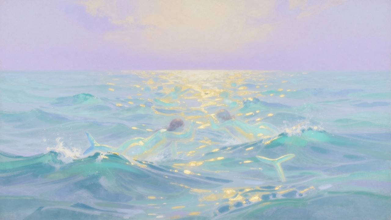 Безграничный океан, сливающийся с небом, где фигуры растворяются — как Рыбы.