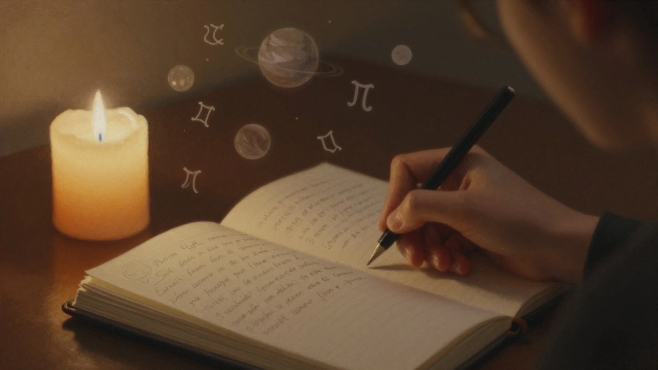Человек пишет в дневнике при свете свечи, вокруг него едва видны символы планет и знаков зодиака.