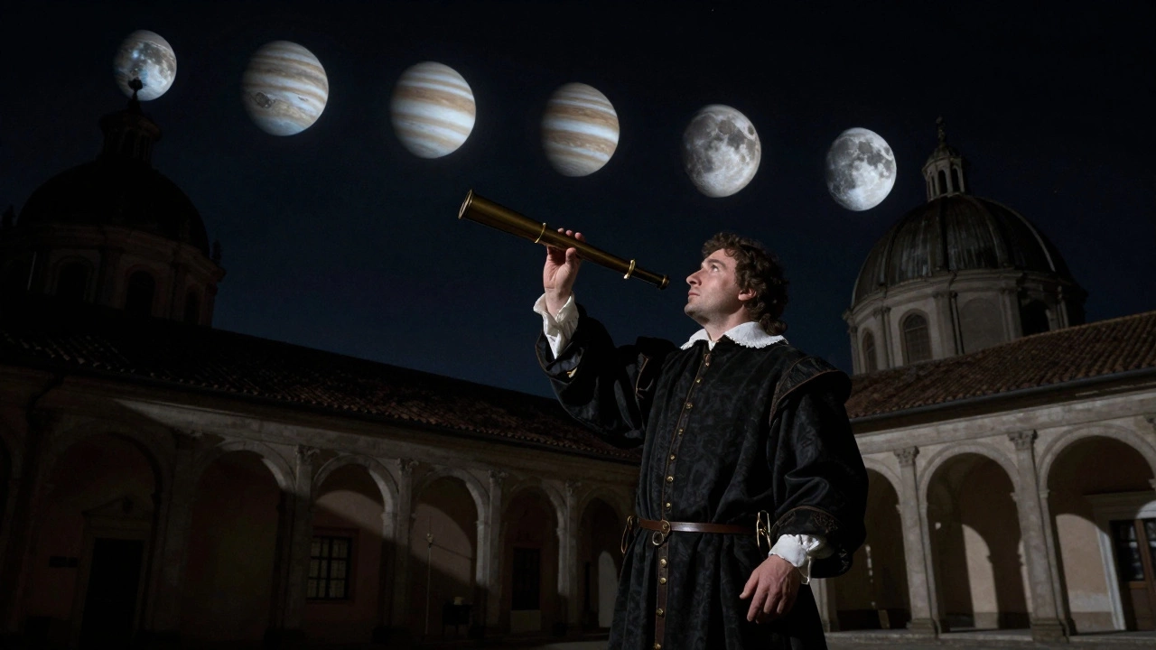 Галилео Галилей с телескопом смотрит на Юпитер и его спутники в ночном небе под светом луны.