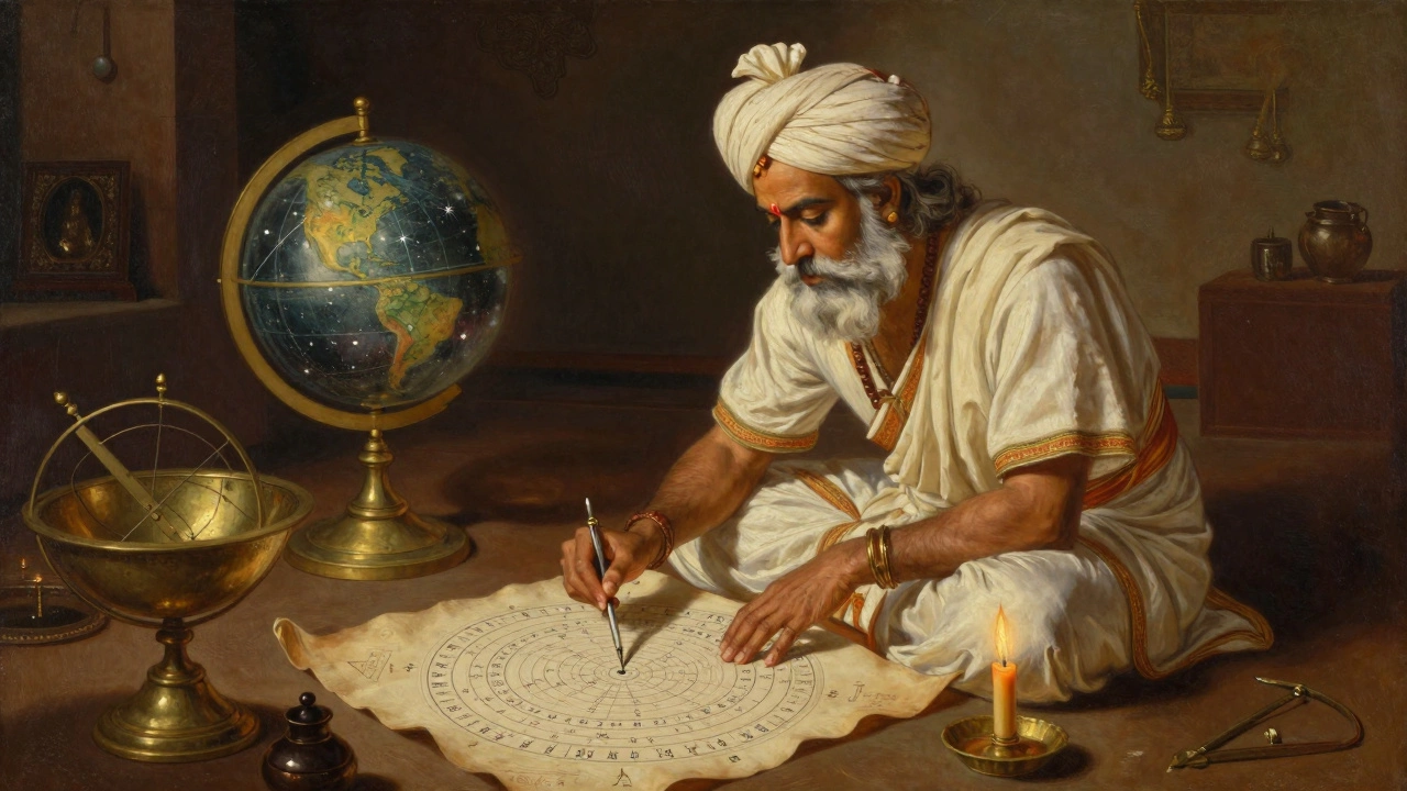 Индийский астролог за работой с древними инструментами, вычисляющий натальную карту при свете свечей.
