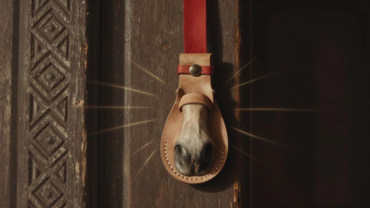 Кожаное копытце на красной ленте, висящее над старой дверью.