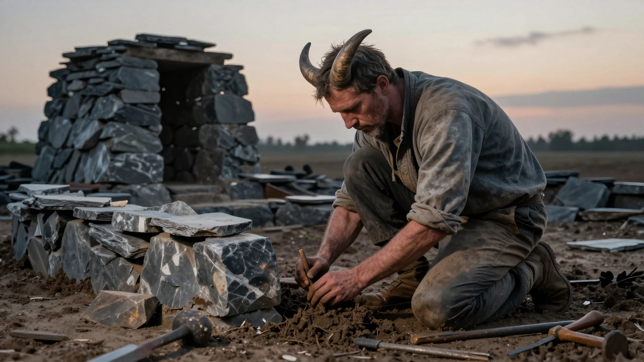 Козерог строит фундамент в грязи, работая в одиночку при рассвете.