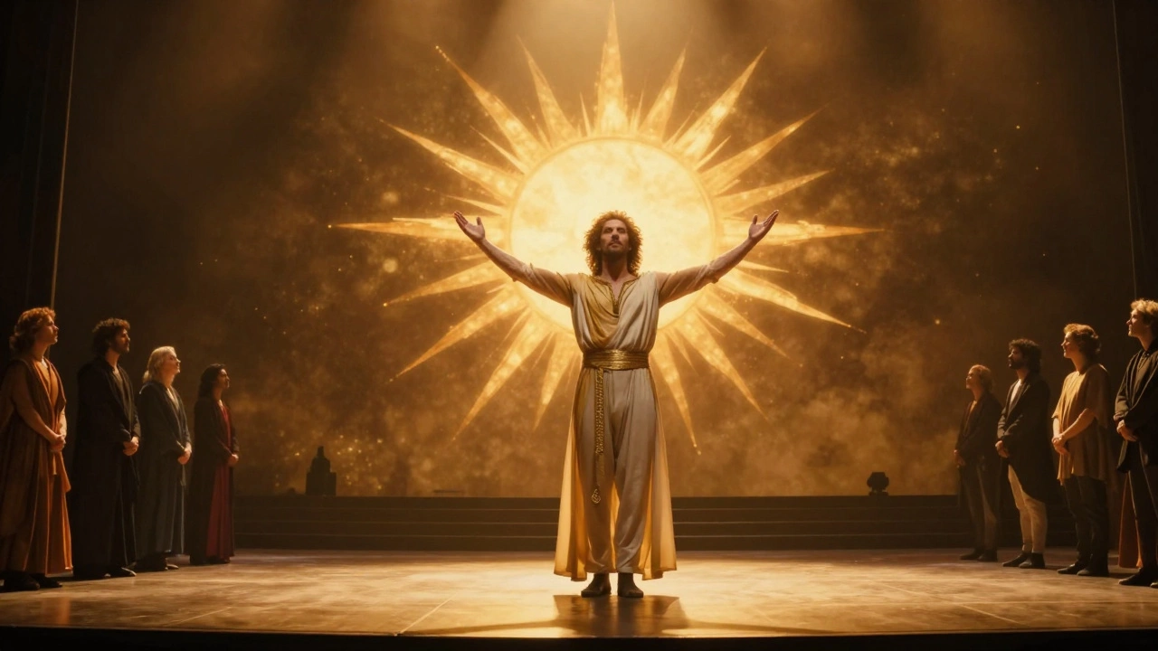 Лев стоит на сцене, окутанный золотым светом, вдохновляя невидимую толпу.