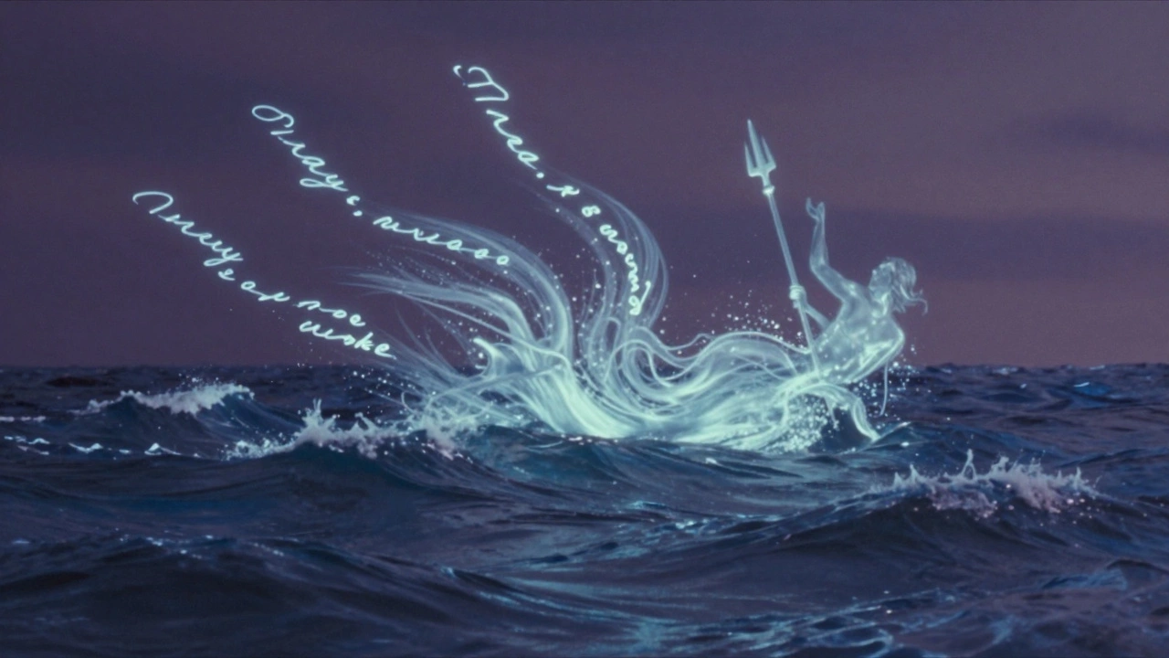 Музыка Моргенштерна как океан из светящихся строк песен, плавающих в ночном небе с звездами и тризубом Нептуна.