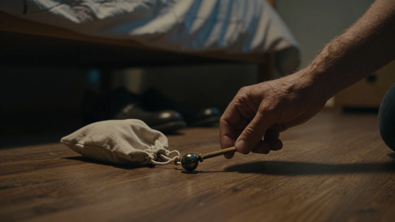 Рука поднимает амулет с пола с помощью деревянной палочки, под кроватью чисто.