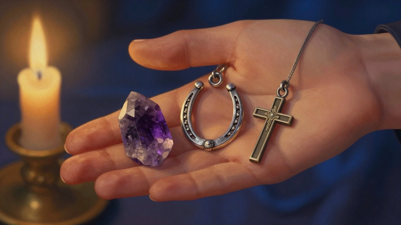 Руки с аметистом, подковой и крестом