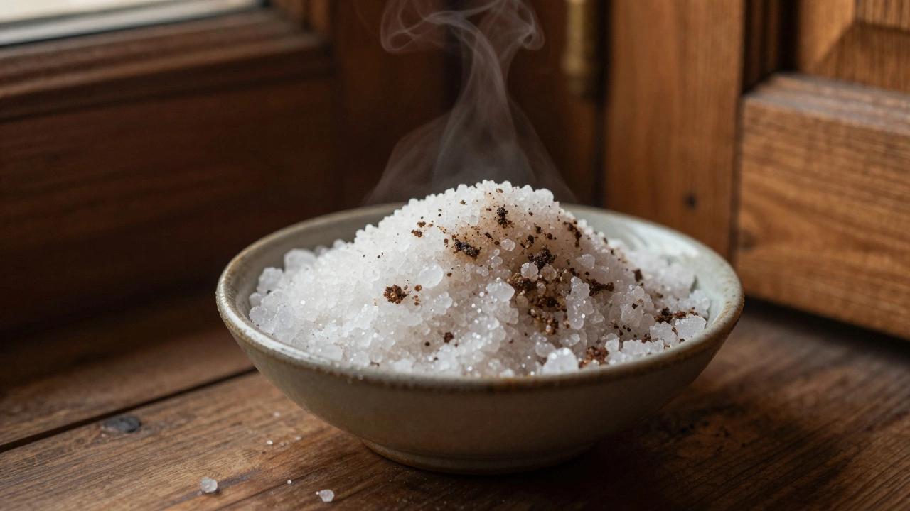 Соль у порога спальни стала влажной и потемнела — признак энергетического удержания.