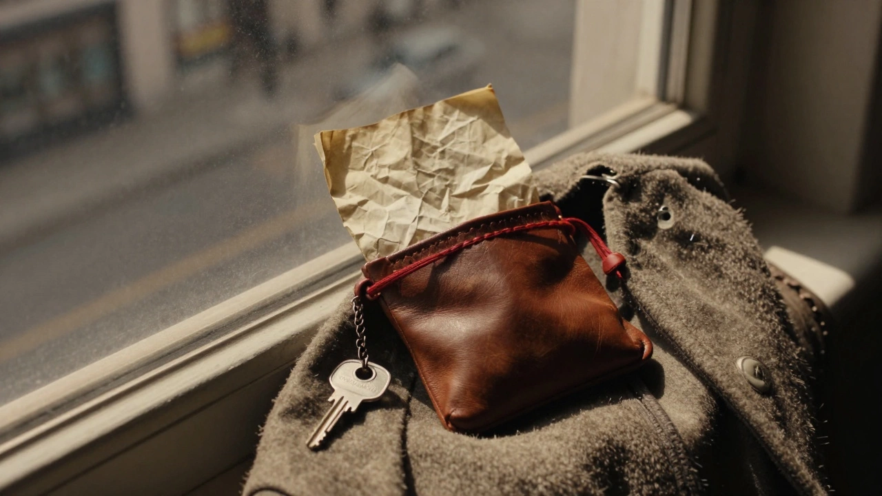 Свернутое письмо в кожаном мешочке с красной нитью и ключом на пиджаке