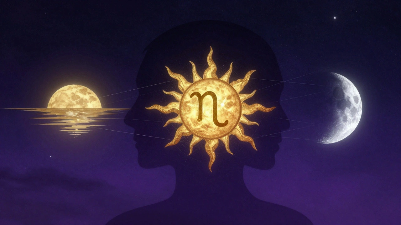 Абстрактное изображение солнечного, лунного и восходящего знаков, соединенных звездными линиями на ночном небе.