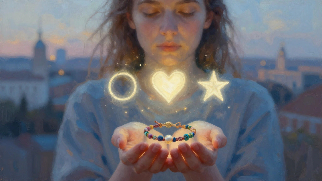 Человек держит браслет из ниток, вокруг него появляются светящиеся символы.