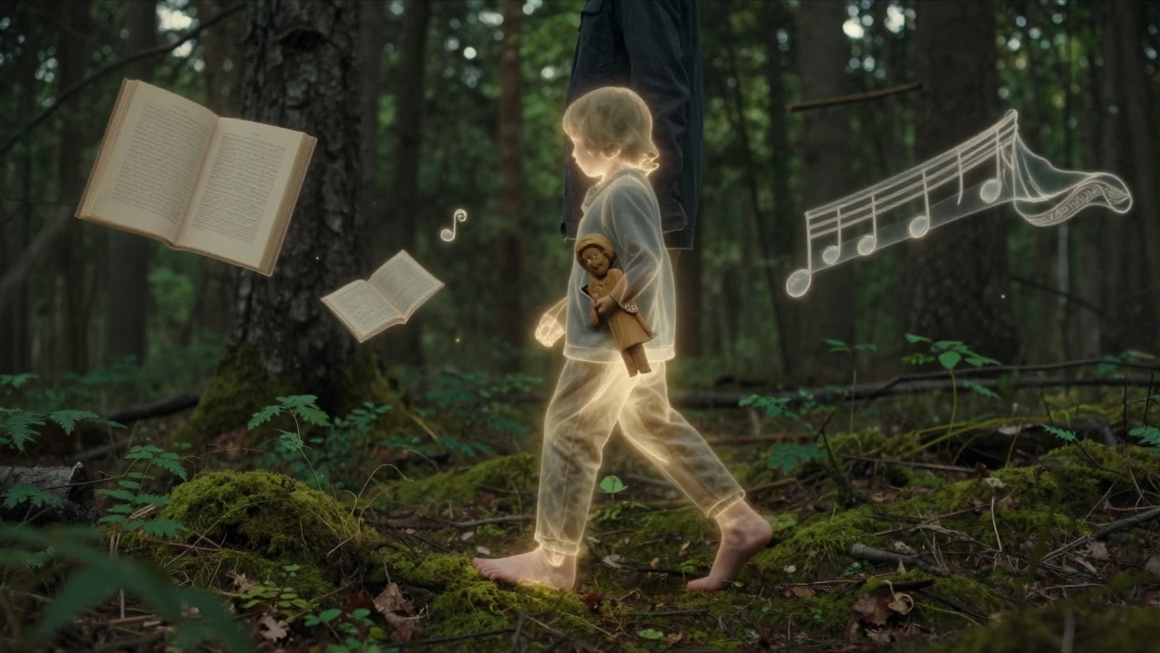 Человек идёт по лесу, в кармане — деревянный оберег, вокруг него — полупрозрачные воспоминания.