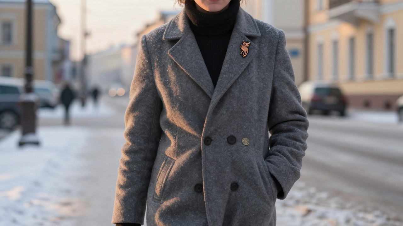 Человек идёт по снежному Санкт-Петербургу с кулоном в виде кошки и монетой в кармане.