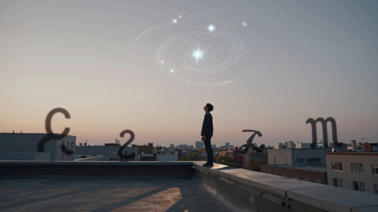 Человек смотрит в небо, где над городом проецируется карта звезд и знаки зодиака на рассвете.