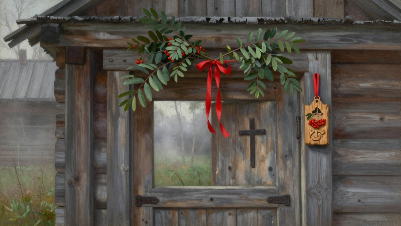 Деревянная дверь с ветками рябины и железным крестом над порогом.