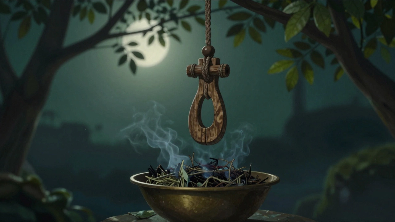 Деревянный амулет очищается дымом трав под лунным светом.