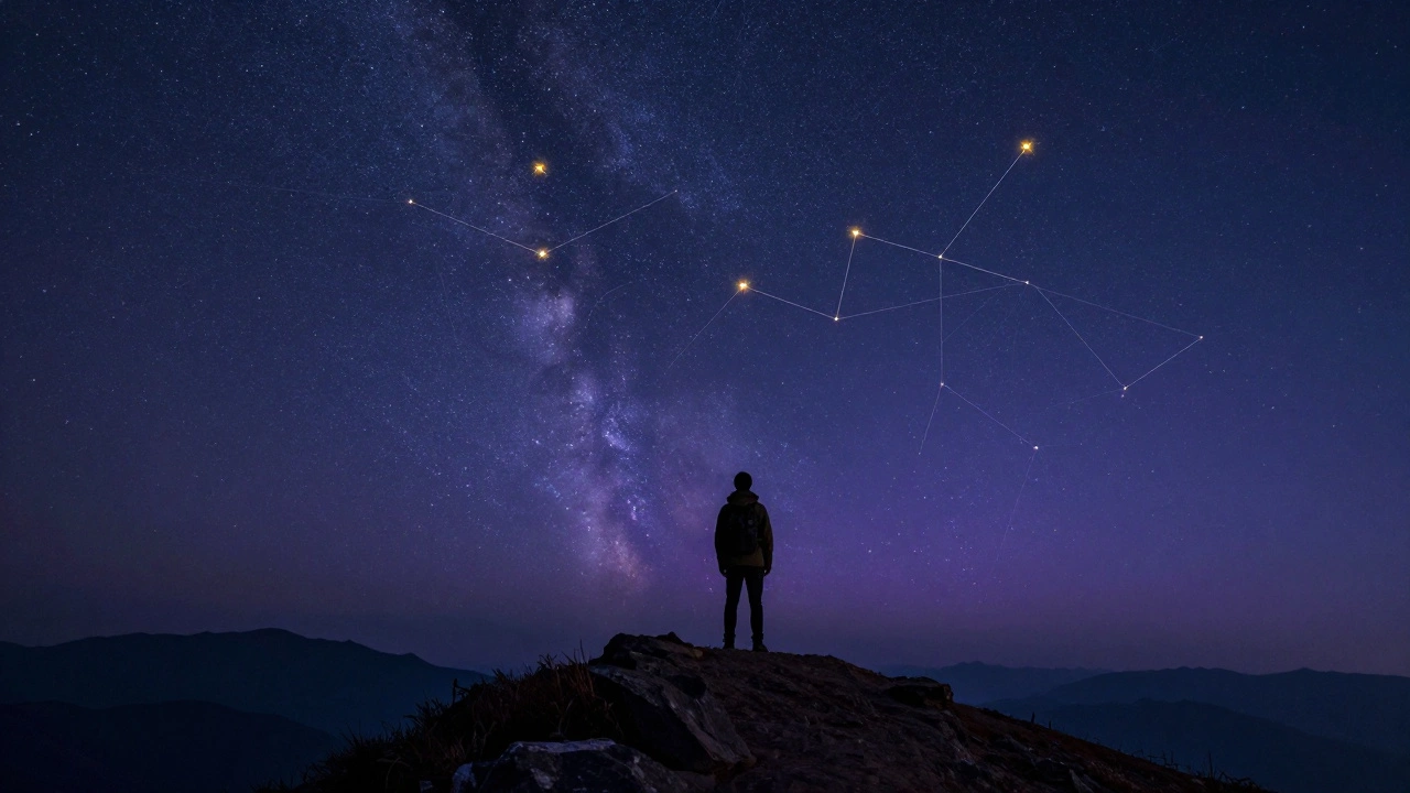 Фигура на вершине горы под звездным небом с линиями судьбы.