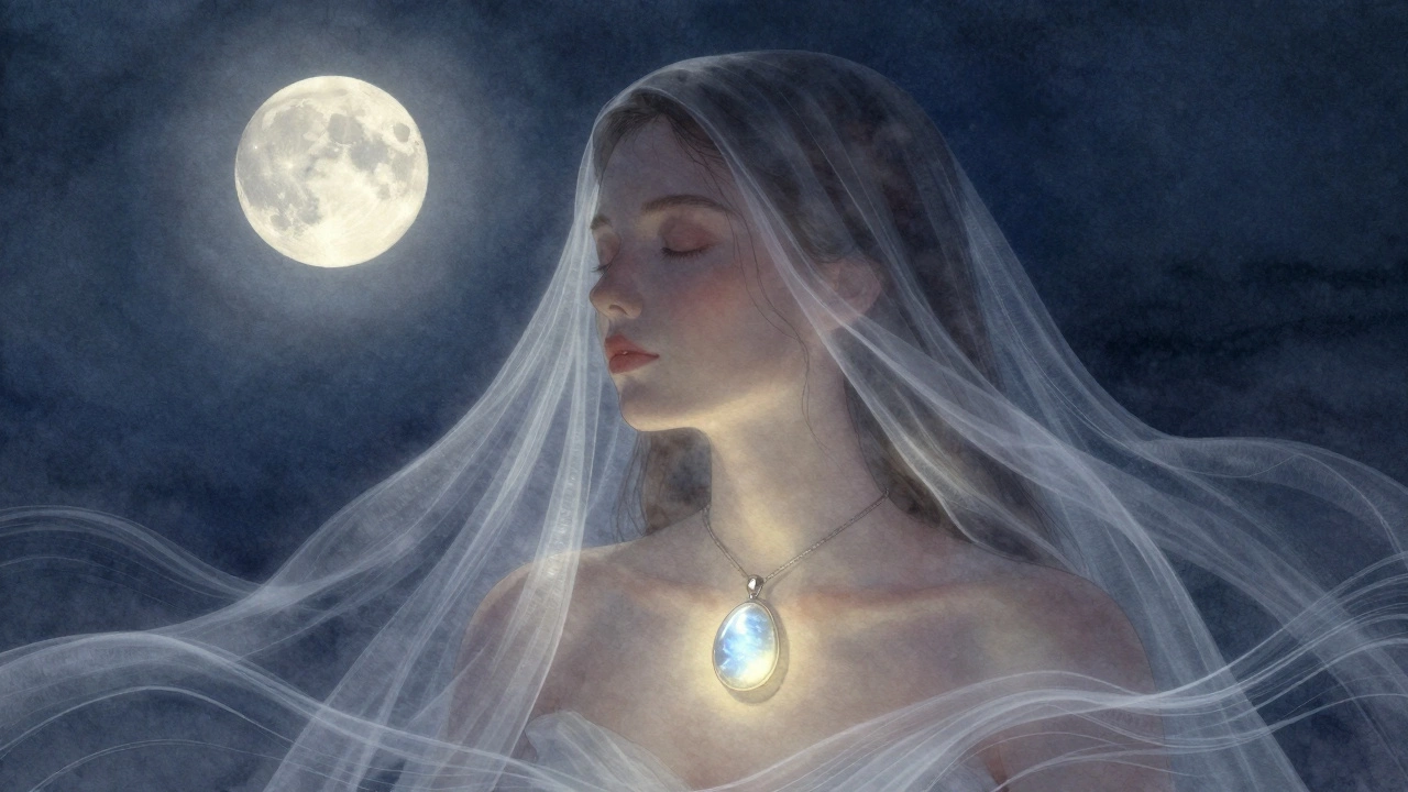 Лунный камень мягко светится у сердца, защищая от эмоционального перенапряжения.