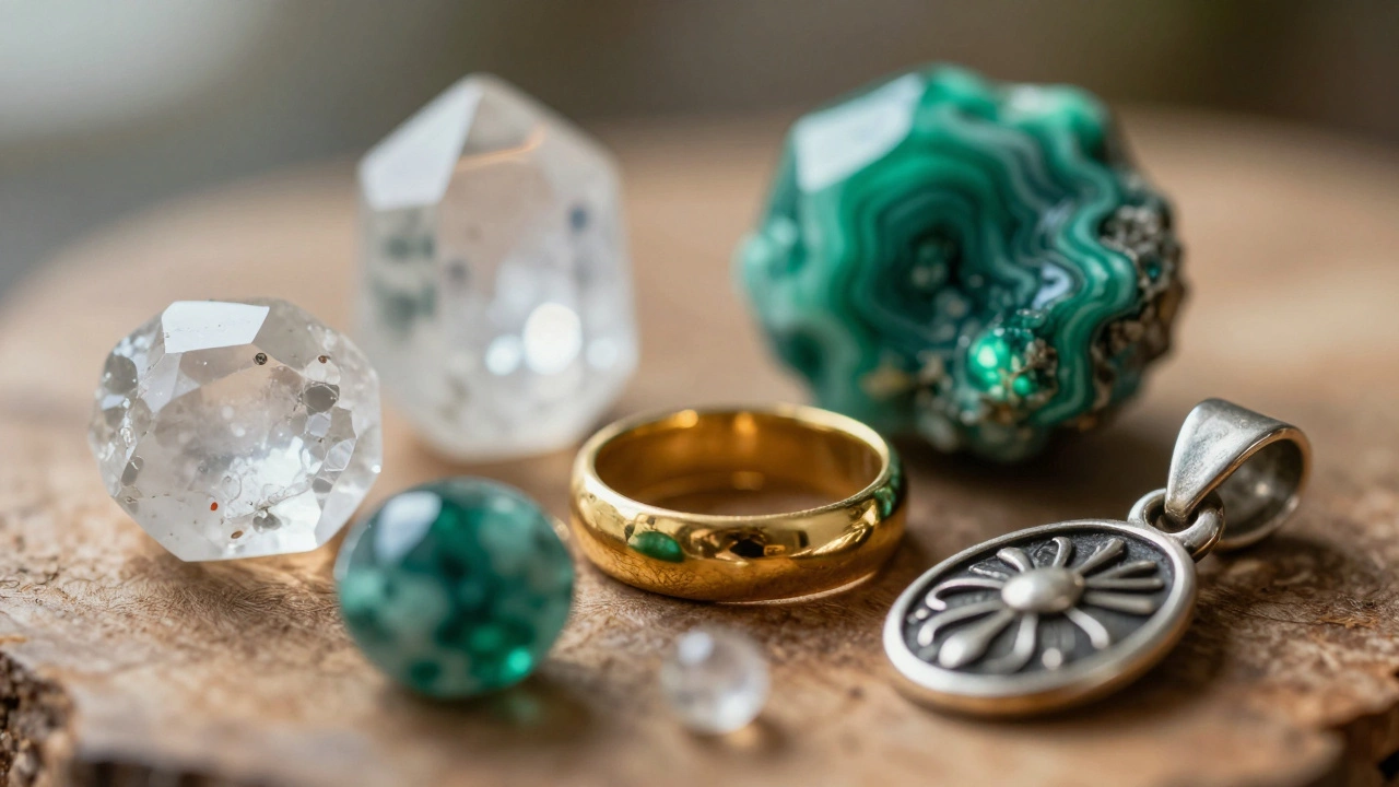 Разнообразные кристаллы и драгоценные металлы на деревянной поверхности