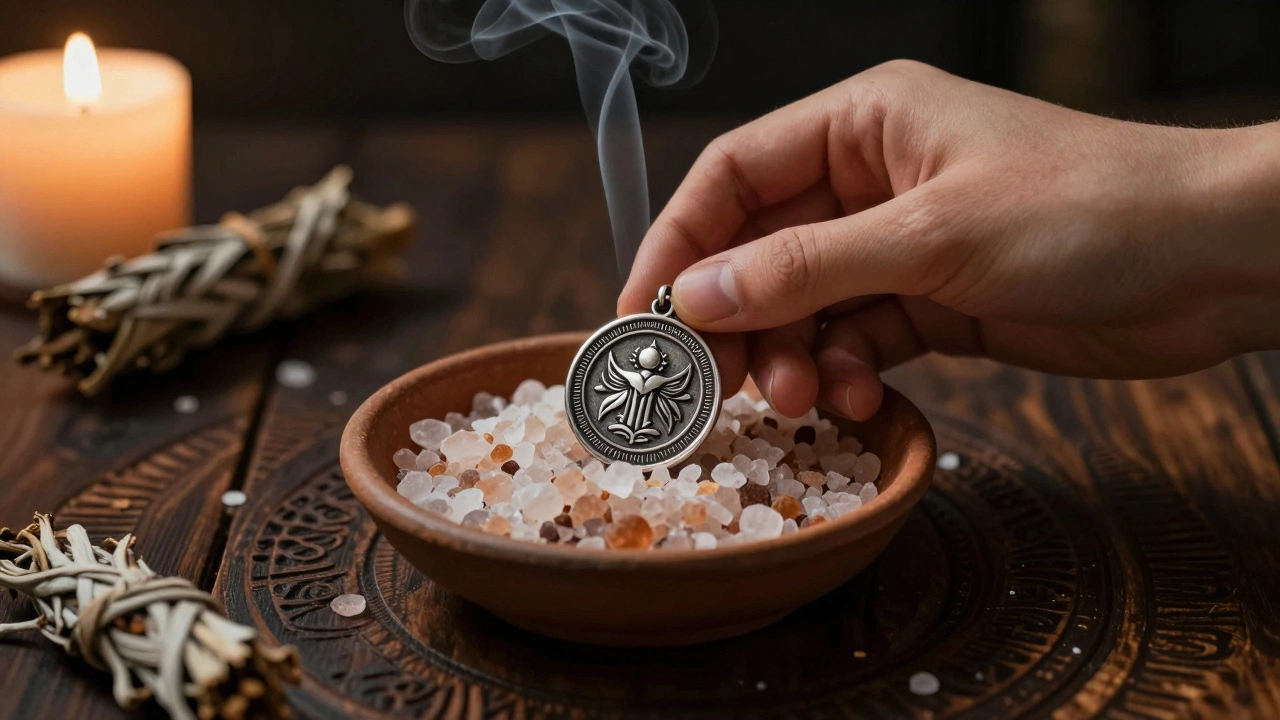 Серебряный оберег лежит на сухой морской соли при свете свечи.