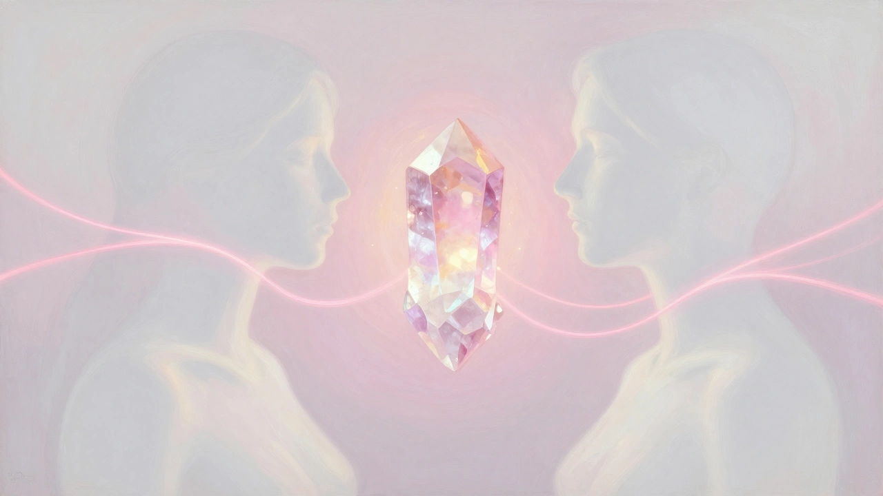 Силуэты людей соединены светом, рядом светится розовый кварц любви.